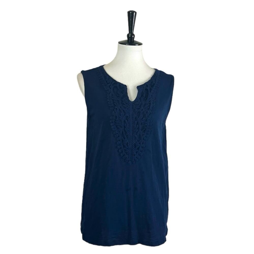 Grace Elements Top Crochet Sleeveless Split Neck Blue Cotton Women’s Size Large